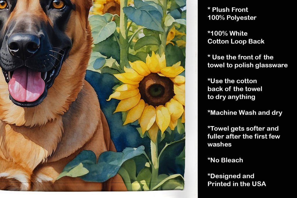 Belgian Malinois in Sunflowers Kitchen Towel Velour Plush Front and Cotton Loop Back Machine Washable