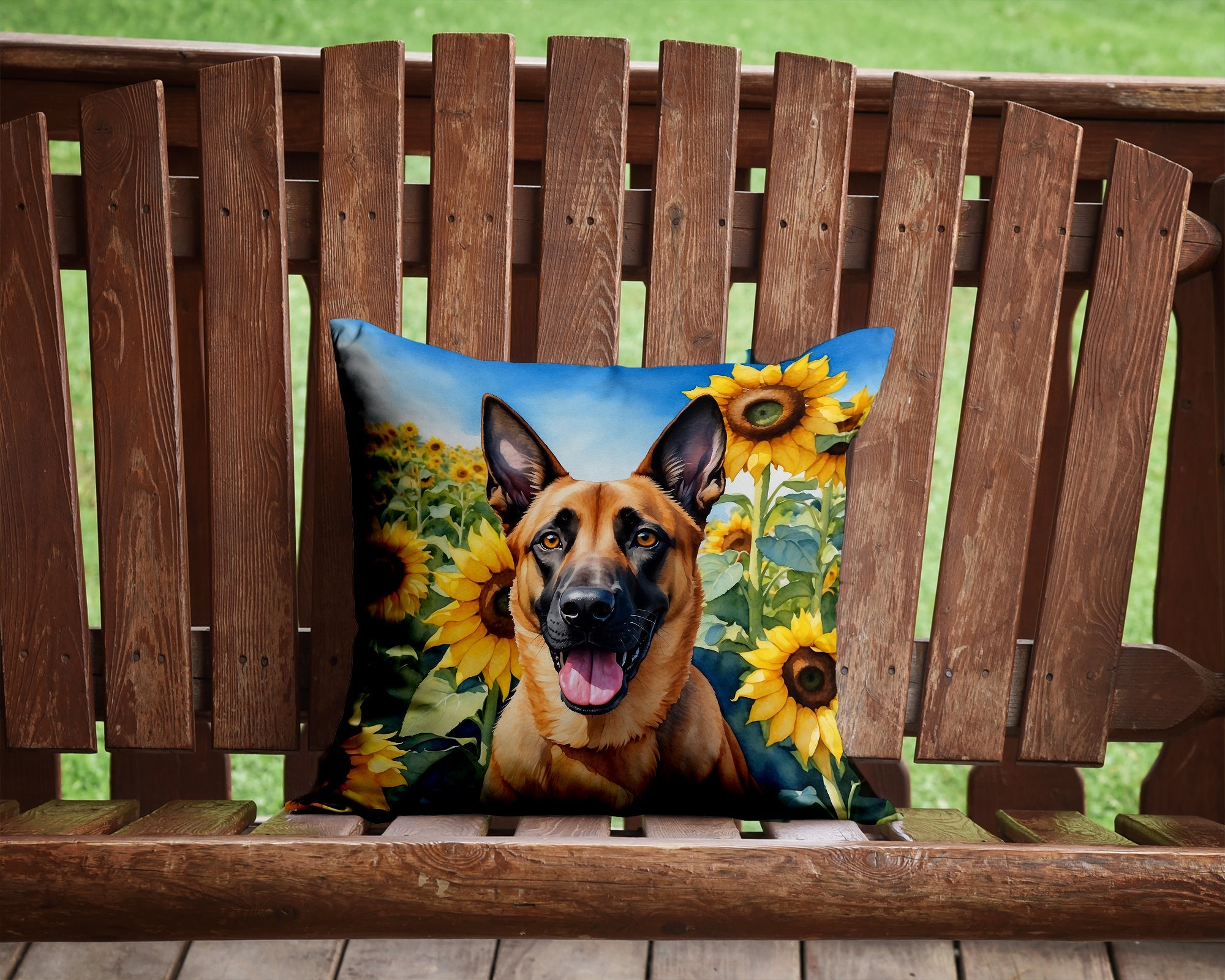 Belgian Malinois in Sunflowers Decorative Throw Pillow 14x14 Indoor Outdoor Accent Cushion, Fabric Cover with Insert for Sofa, Bed, Porch & Living Room