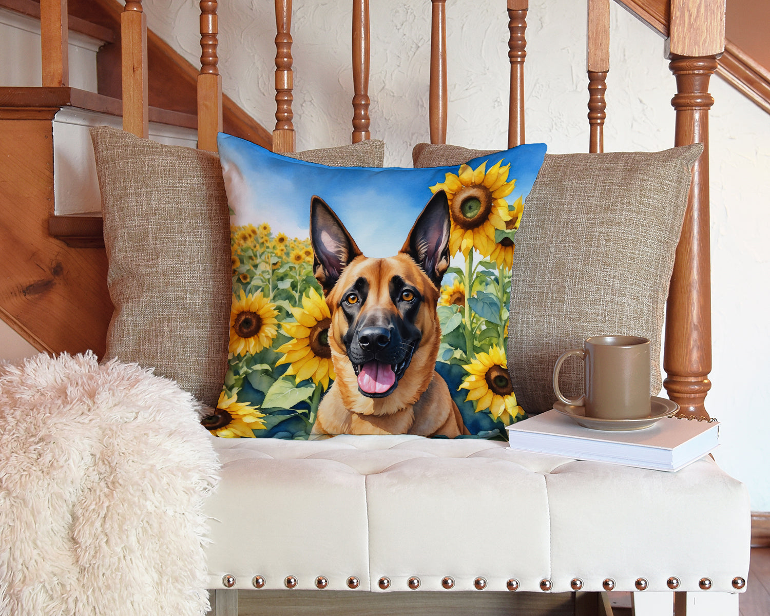 Belgian Malinois in Sunflowers Decorative Throw Pillow 14x14 Indoor Outdoor Accent Cushion, Fabric Cover with Insert for Sofa, Bed, Porch & Living Room