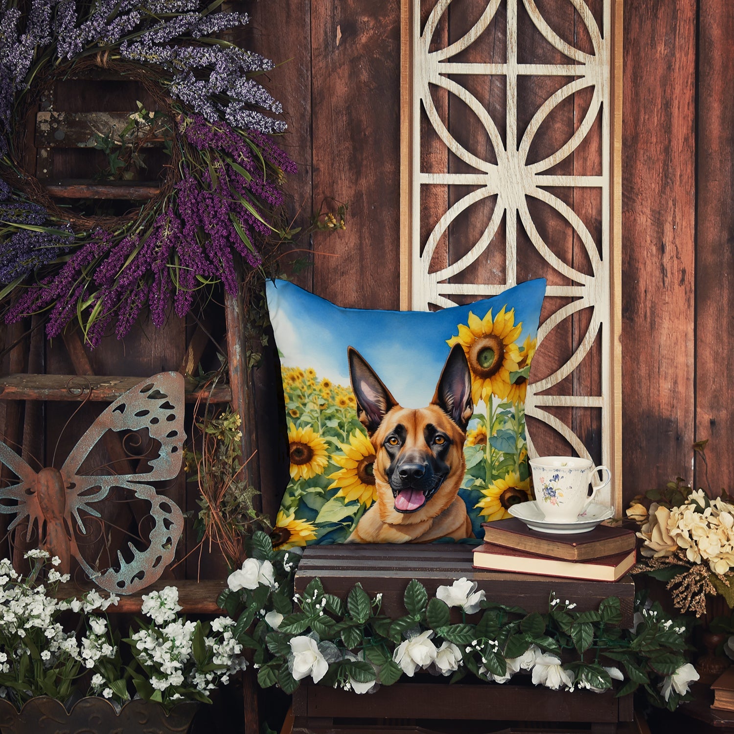 Belgian Malinois in Sunflowers Decorative Throw Pillow 14x14 Indoor Outdoor Accent Cushion, Fabric Cover with Insert for Sofa, Bed, Porch & Living Room