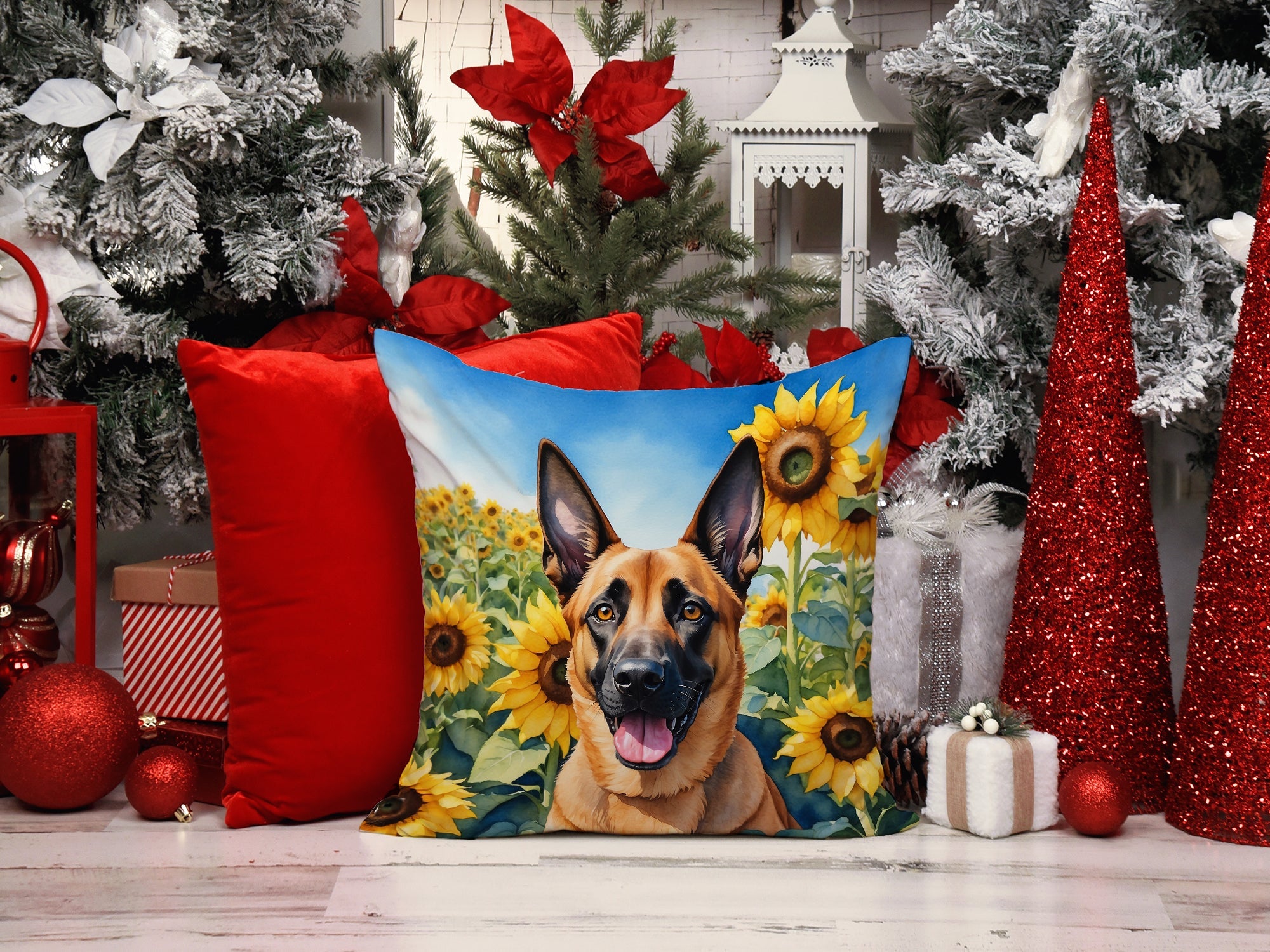 Belgian Malinois in Sunflowers Decorative Throw Pillow 14x14 Indoor Outdoor Accent Cushion, Fabric Cover with Insert for Sofa, Bed, Porch & Living Room