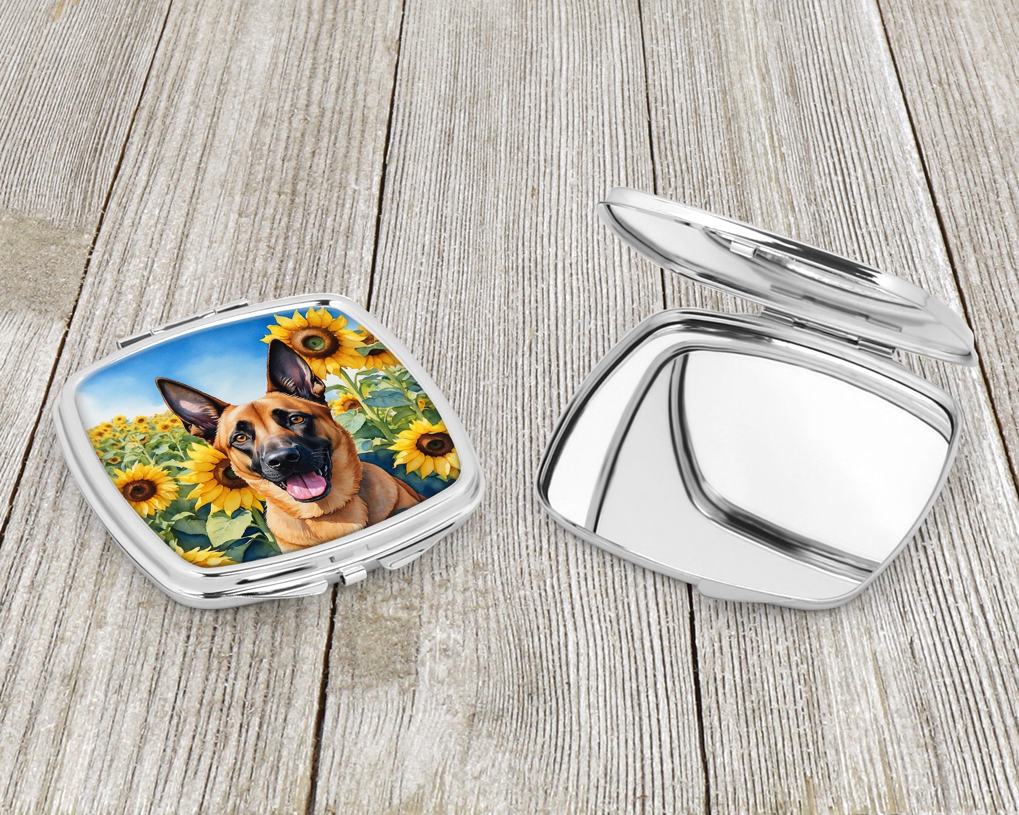 Belgian Malinois in Sunflowers Compact Mirror Decorative Travel Makeup Mirror for Women Girls Gifts Pocket Makeup Mirror Folding Handheld