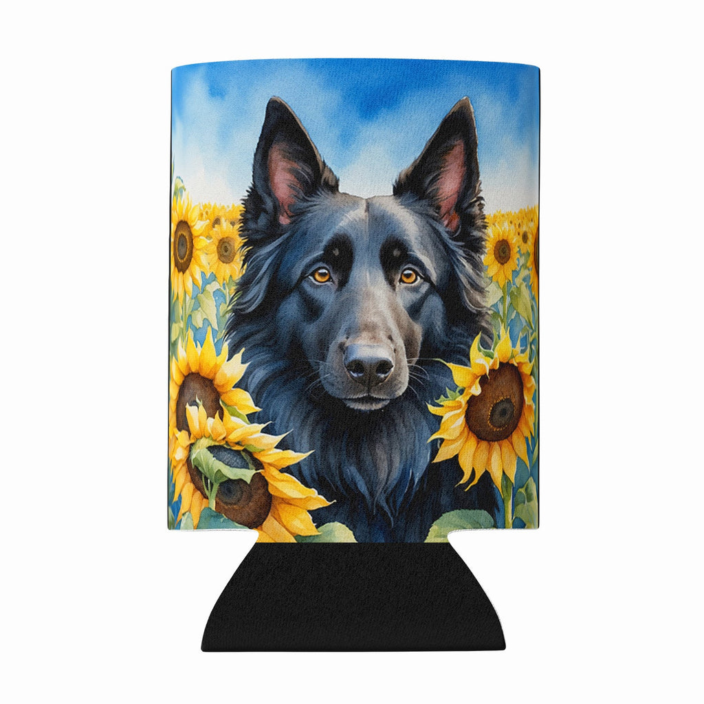 Belgian Sheepdog in Sunflowers Can or Bottle Hugger Cooler Sleeve for Standard 12 oz Cans, Insulated Foam Beer & Soda Can Hugger Reusable