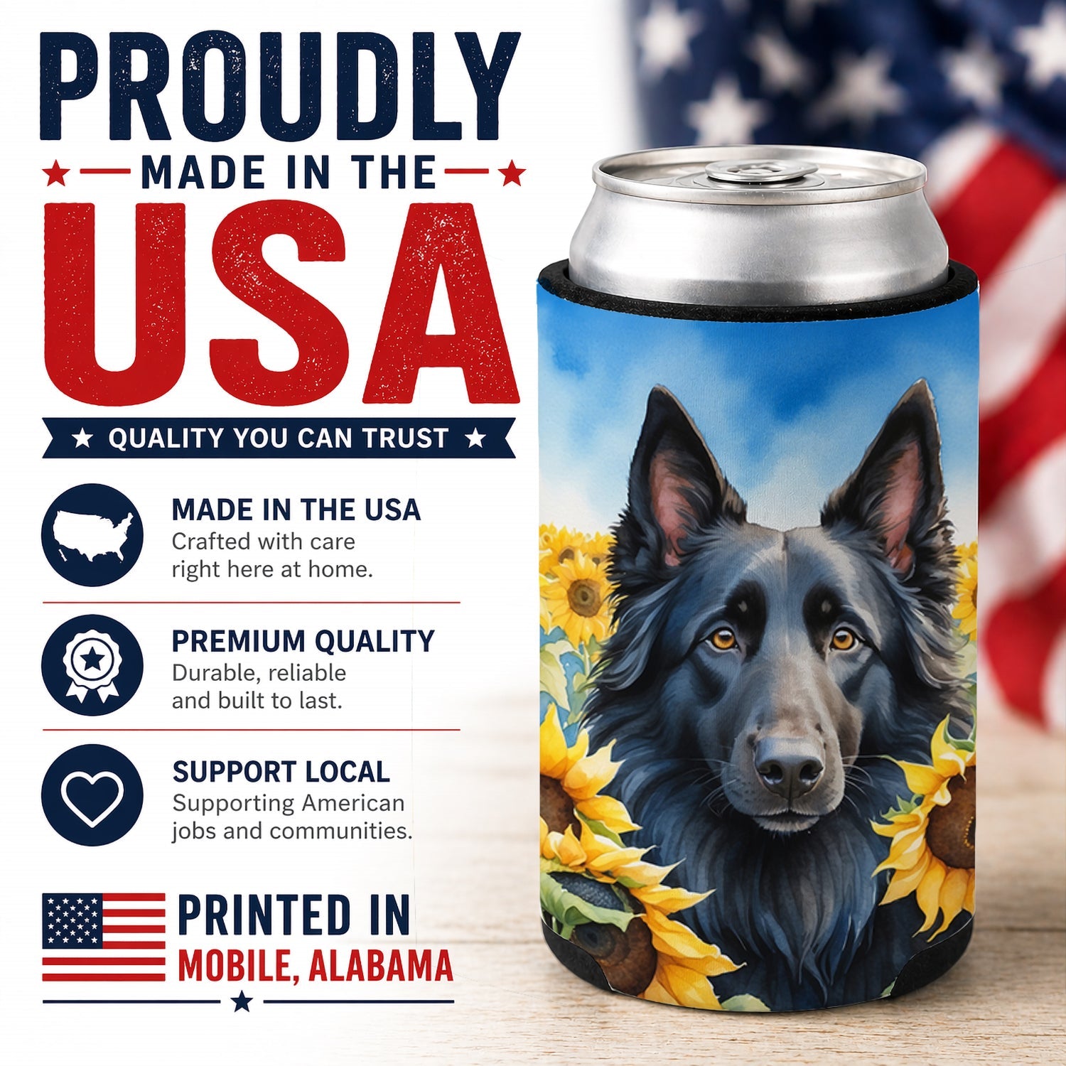 Belgian Sheepdog in Sunflowers Can or Bottle Hugger Cooler Sleeve for Standard 12 oz Cans, Insulated Foam Beer & Soda Can Hugger Reusable