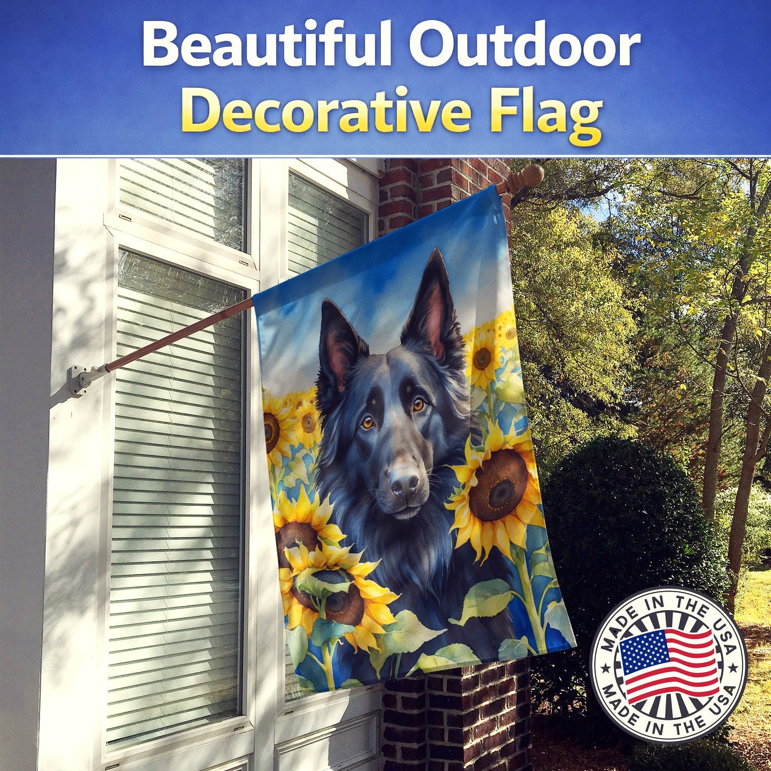 Belgian Sheepdog in Sunflowers House Flag 28x40 Porch Sleeve Pole Decorative Outside Yard Banner Artwork Wall Hanging, Polyester