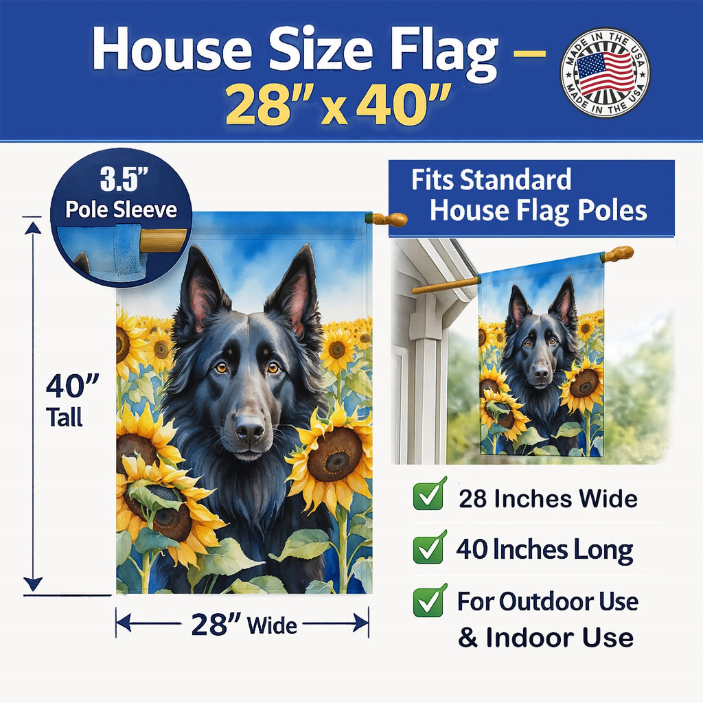 Belgian Sheepdog in Sunflowers House Flag 28x40 Porch Sleeve Pole Decorative Outside Yard Banner Artwork Wall Hanging, Polyester