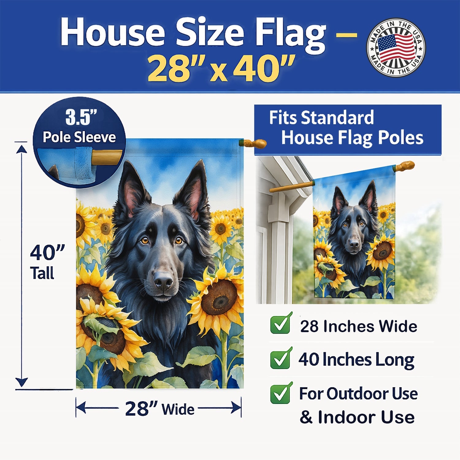 Belgian Sheepdog in Sunflowers House Flag 28x40 Porch Sleeve Pole Decorative Outside Yard Banner Artwork Wall Hanging, Polyester