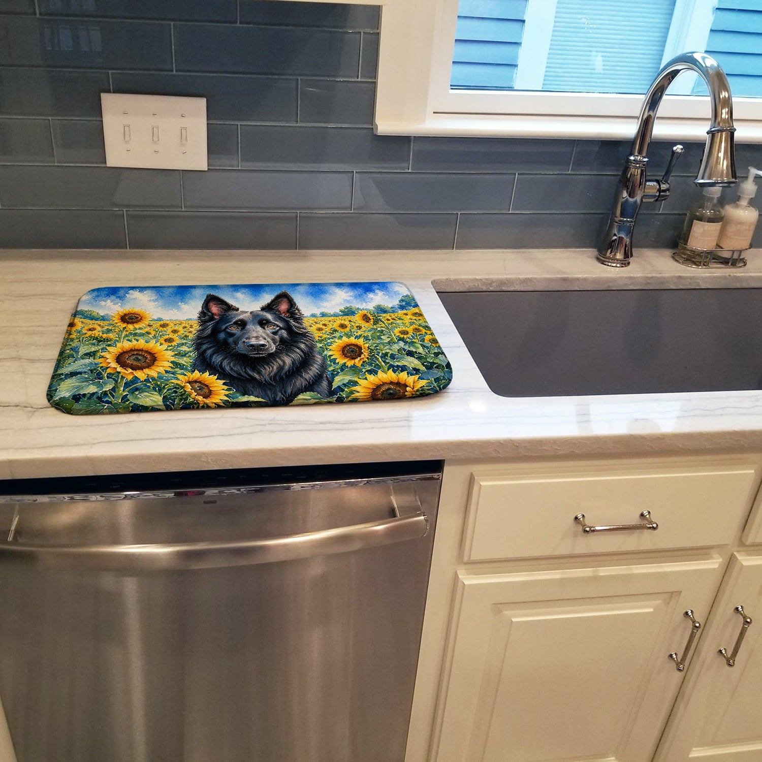 Belgian Sheepdog in Sunflowers Dish Drying Mat Absorbent Dish Drying Mat Pad for Kitchen Counter Dish Drainer Mat for Countertop, 14 x 21", Multicolor