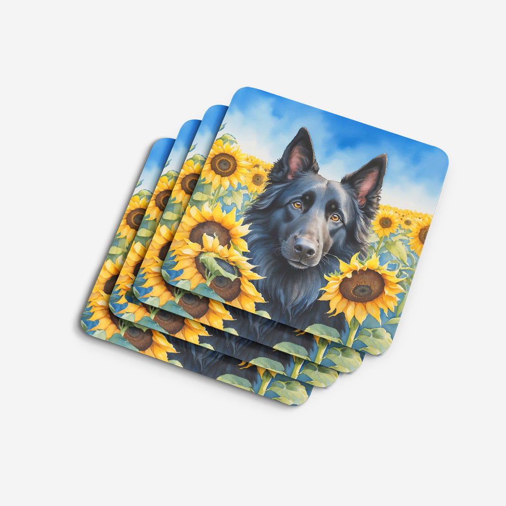 Belgian Sheepdog in Sunflowers Foam Coasters Set of 4 Cup Coasters for Indoor Outdoor, Tabletop Protection, Anti Slip, Mouse pad Material