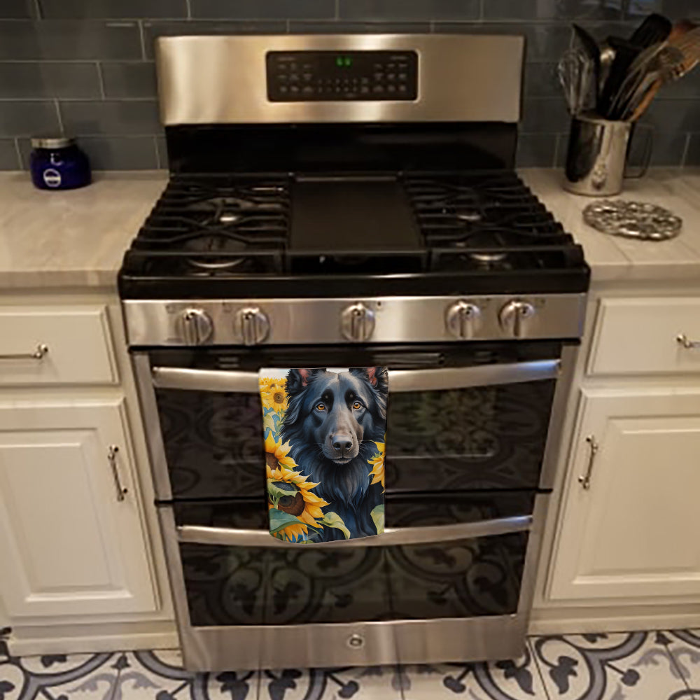 Belgian Sheepdog in Sunflowers Kitchen Towel Velour Plush Front and Cotton Loop Back Machine Washable