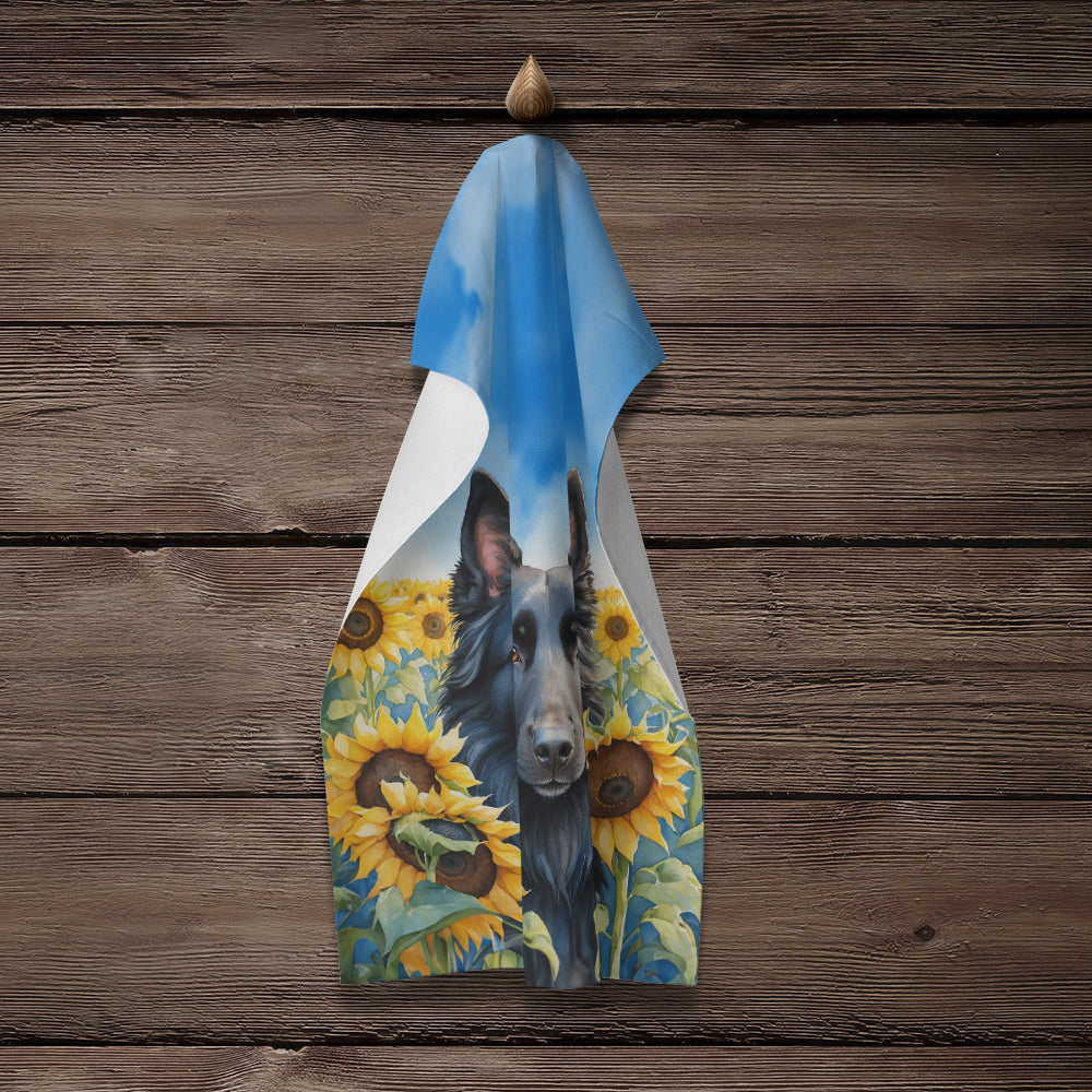 Belgian Sheepdog in Sunflowers Kitchen Towel Velour Plush Front and Cotton Loop Back Machine Washable