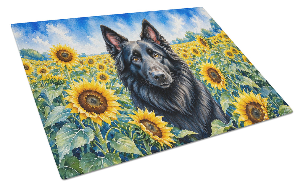 Belgian Sheepdog in Sunflowers Cutting Board Tempered Glass Kitchen Cutting Surface, Heat Resistant Chopping Board with Non-Slip Feet, Decorative Food Prep & Serving