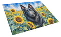 Belgian Sheepdog in Sunflowers Cutting Board Tempered Glass Kitchen Cutting Surface, Heat Resistant Chopping Board with Non-Slip Feet, Decorative Food Prep & Serving