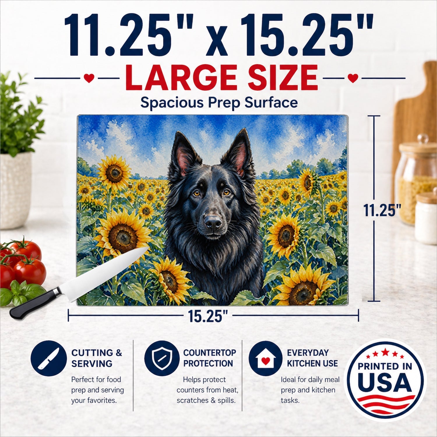 Belgian Sheepdog in Sunflowers Cutting Board Tempered Glass Kitchen Cutting Surface, Heat Resistant Chopping Board with Non-Slip Feet, Decorative Food Prep & Serving
