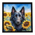 Belgian Sheepdog in Sunflowers Framed Metal Print Bathroom, Kitchen, Office, Home Decor Wall Art Ready to Hang, Square, 8X8