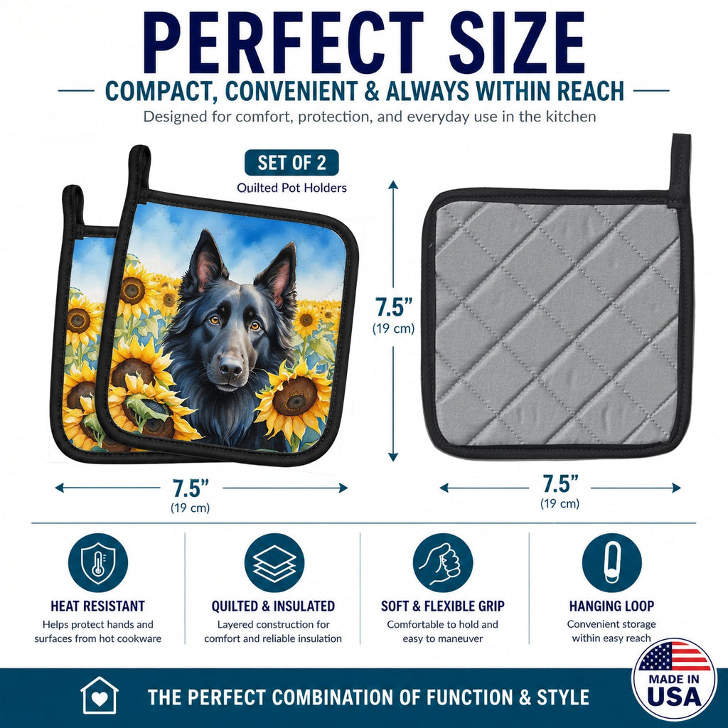 Belgian Sheepdog in Sunflowers Pot Holder Set of 2 Heat Resistant Quilted Hot Pads 7.5 x 7.5 Inch, Insulated Kitchen Trivets for Cooking & Baking
