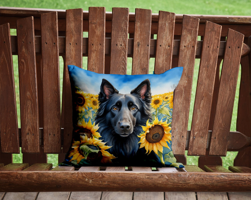 Belgian Sheepdog in Sunflowers Decorative Throw Pillow 14x14 Indoor Outdoor Accent Cushion, Fabric Cover with Insert for Sofa, Bed, Porch & Living Room