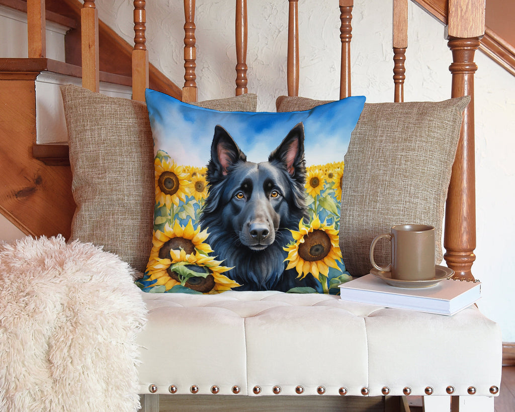 Belgian Sheepdog in Sunflowers Decorative Throw Pillow 14x14 Indoor Outdoor Accent Cushion, Fabric Cover with Insert for Sofa, Bed, Porch & Living Room
