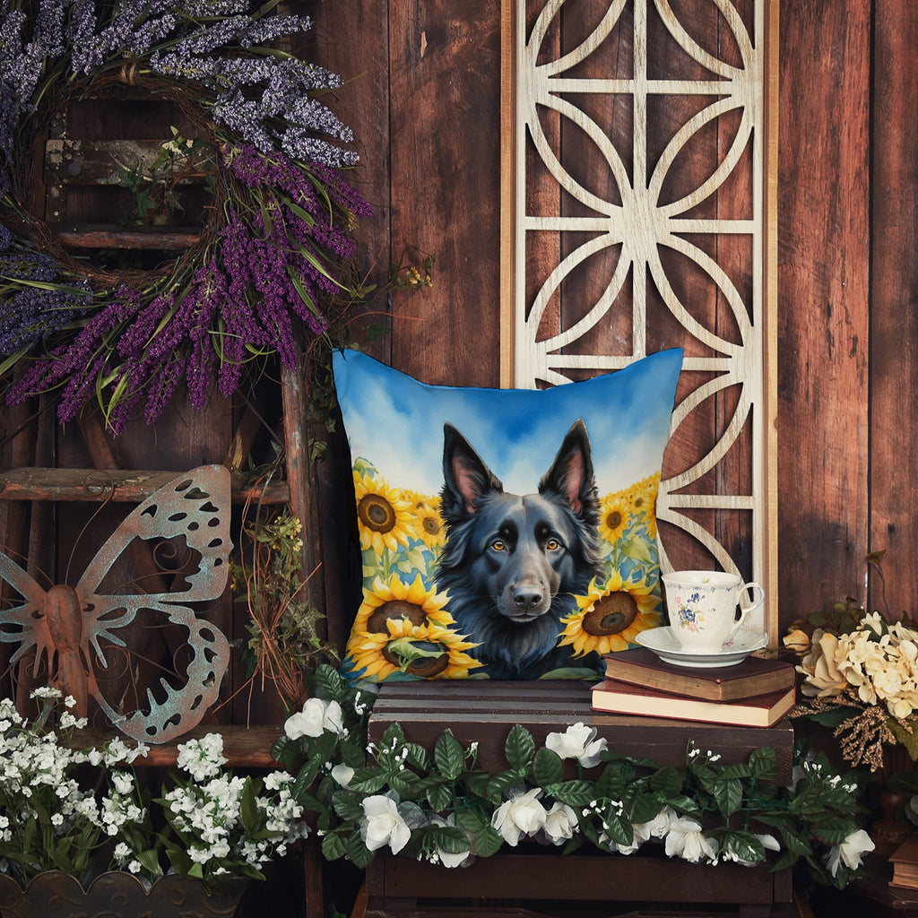 Belgian Sheepdog in Sunflowers Decorative Throw Pillow 14x14 Indoor Outdoor Accent Cushion, Fabric Cover with Insert for Sofa, Bed, Porch & Living Room