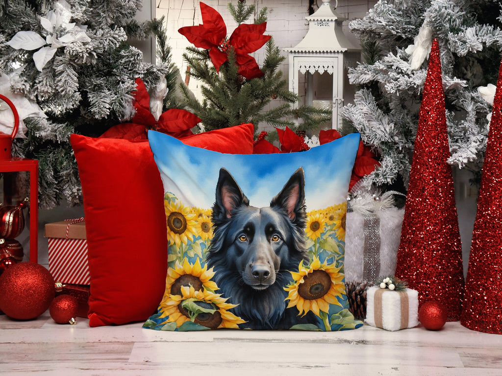 Belgian Sheepdog in Sunflowers Decorative Throw Pillow 14x14 Indoor Outdoor Accent Cushion, Fabric Cover with Insert for Sofa, Bed, Porch & Living Room