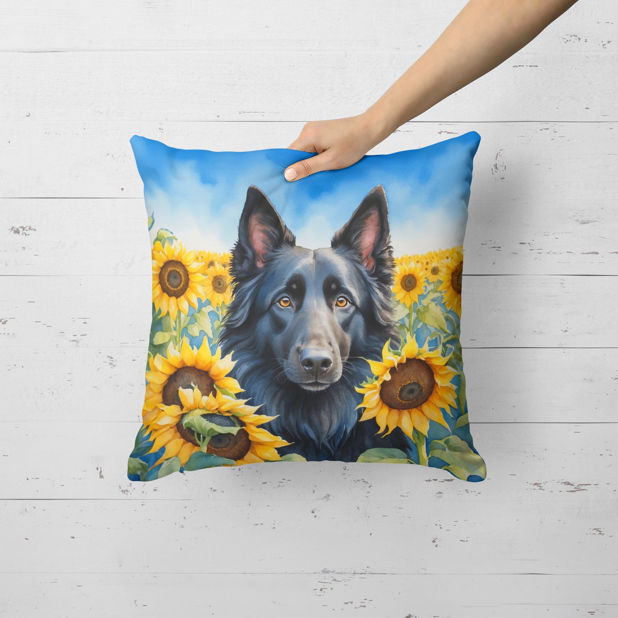 Belgian Sheepdog in Sunflowers Decorative Throw Pillow 18x18 Indoor Outdoor Accent Cushion, Fabric Cover with Insert for Sofa, Bed, Porch & Living Room