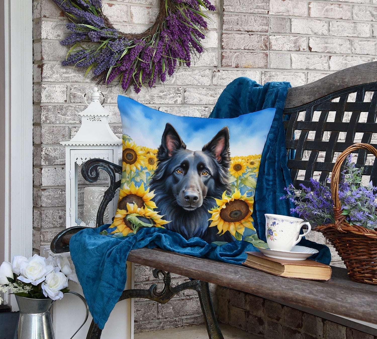 Belgian Sheepdog in Sunflowers Decorative Throw Pillow 18x18 Indoor Outdoor Accent Cushion, Fabric Cover with Insert for Sofa, Bed, Porch & Living Room