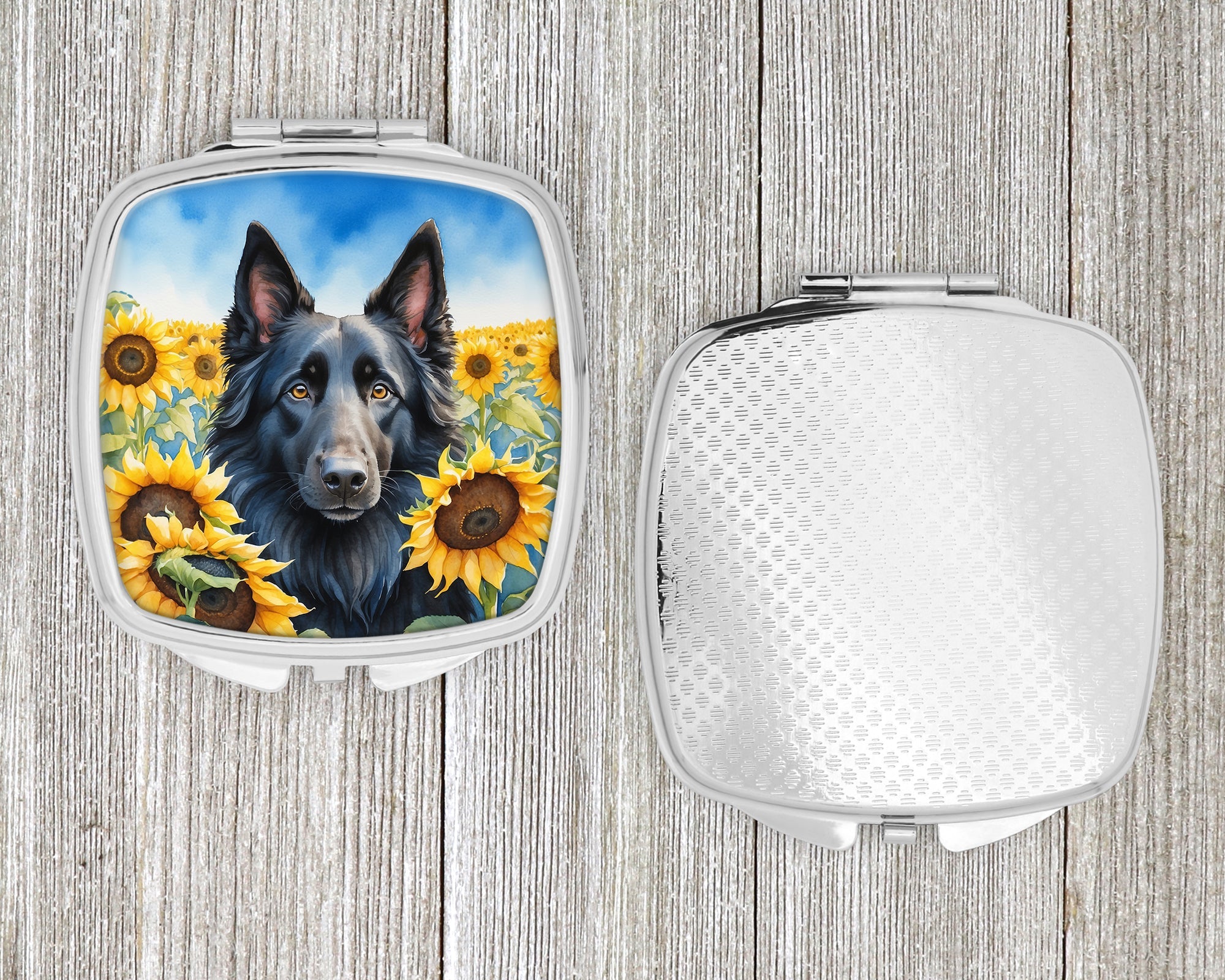 Belgian Sheepdog in Sunflowers Compact Mirror Decorative Travel Makeup Mirror for Women Girls Gifts Pocket Makeup Mirror Folding Handheld