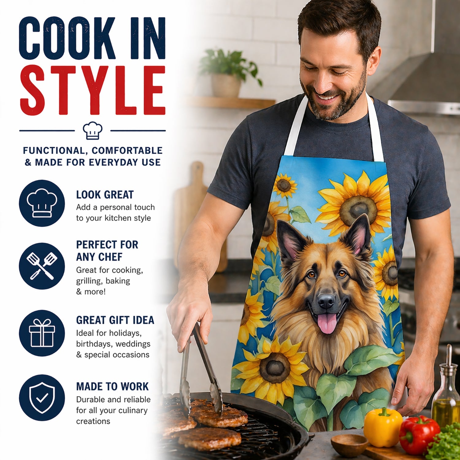 Belgian Tervuren in Sunflowers Apron Cooking Kitchen Server Baking Crafts Gardening for Adult Women Men, Unisex, Large, Multicolor