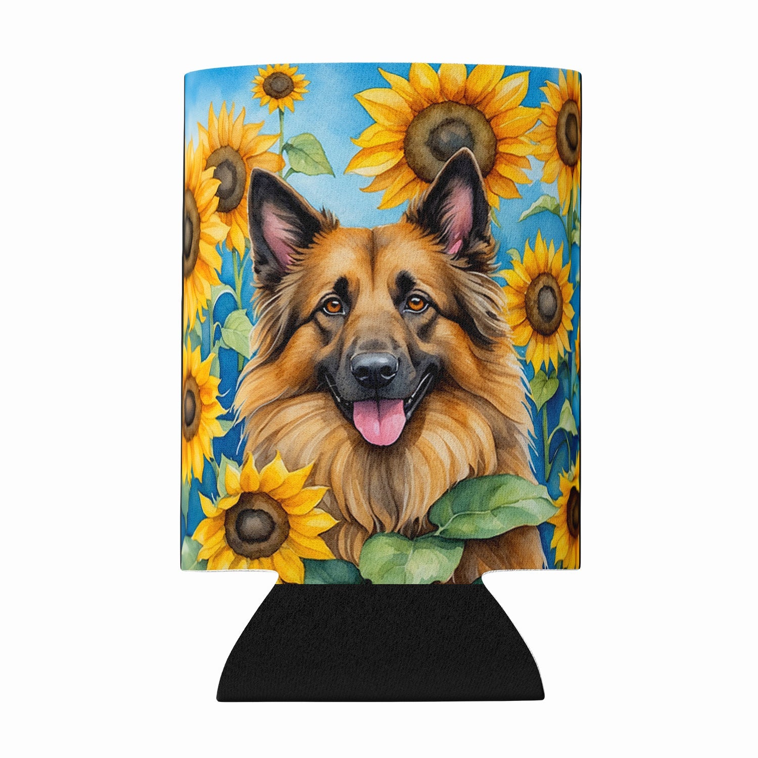 Belgian Tervuren in Sunflowers Can or Bottle Hugger Cooler Sleeve for Standard 12 oz Cans, Insulated Foam Beer & Soda Can Hugger Reusable