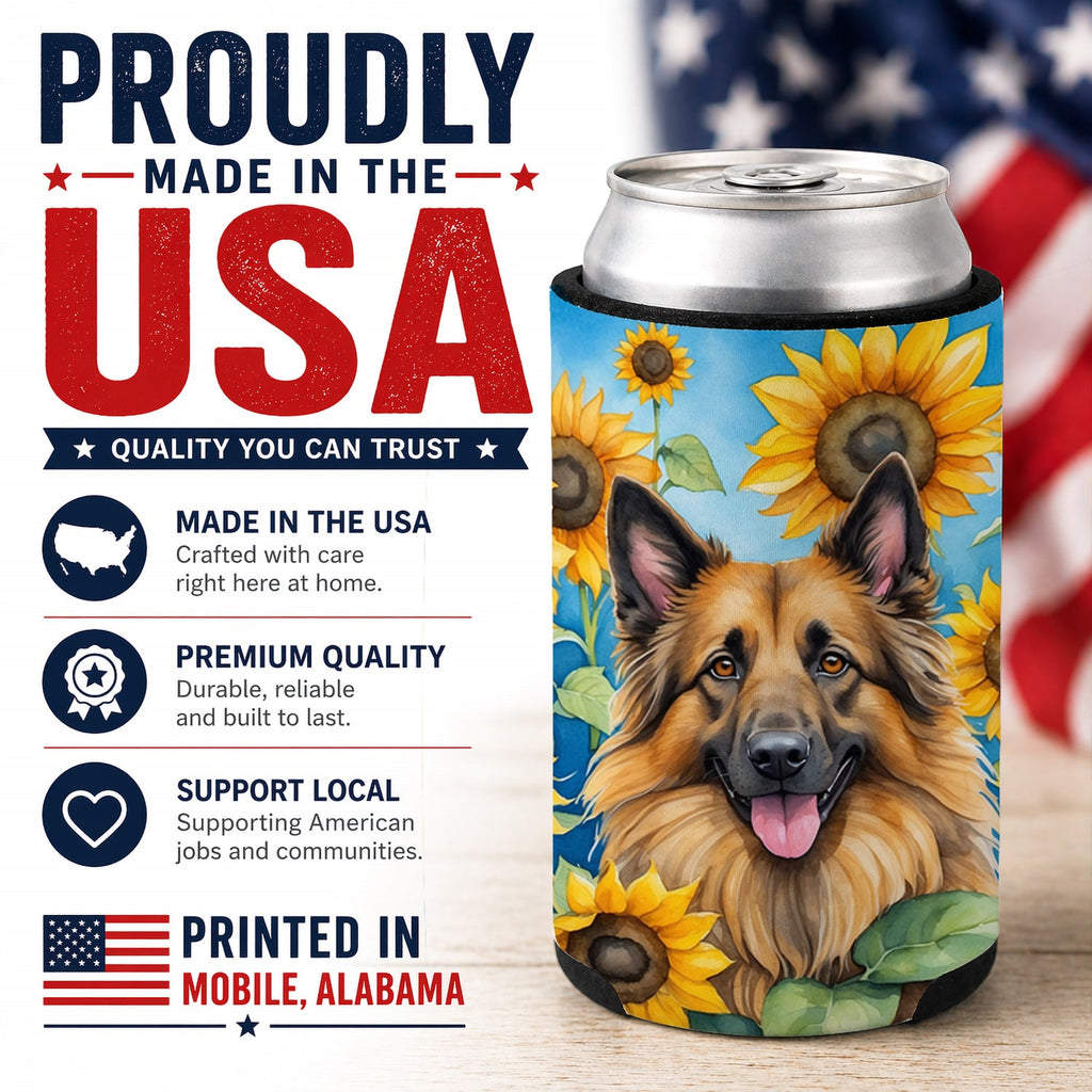 Belgian Tervuren in Sunflowers Can or Bottle Hugger Cooler Sleeve for Standard 12 oz Cans, Insulated Foam Beer & Soda Can Hugger Reusable