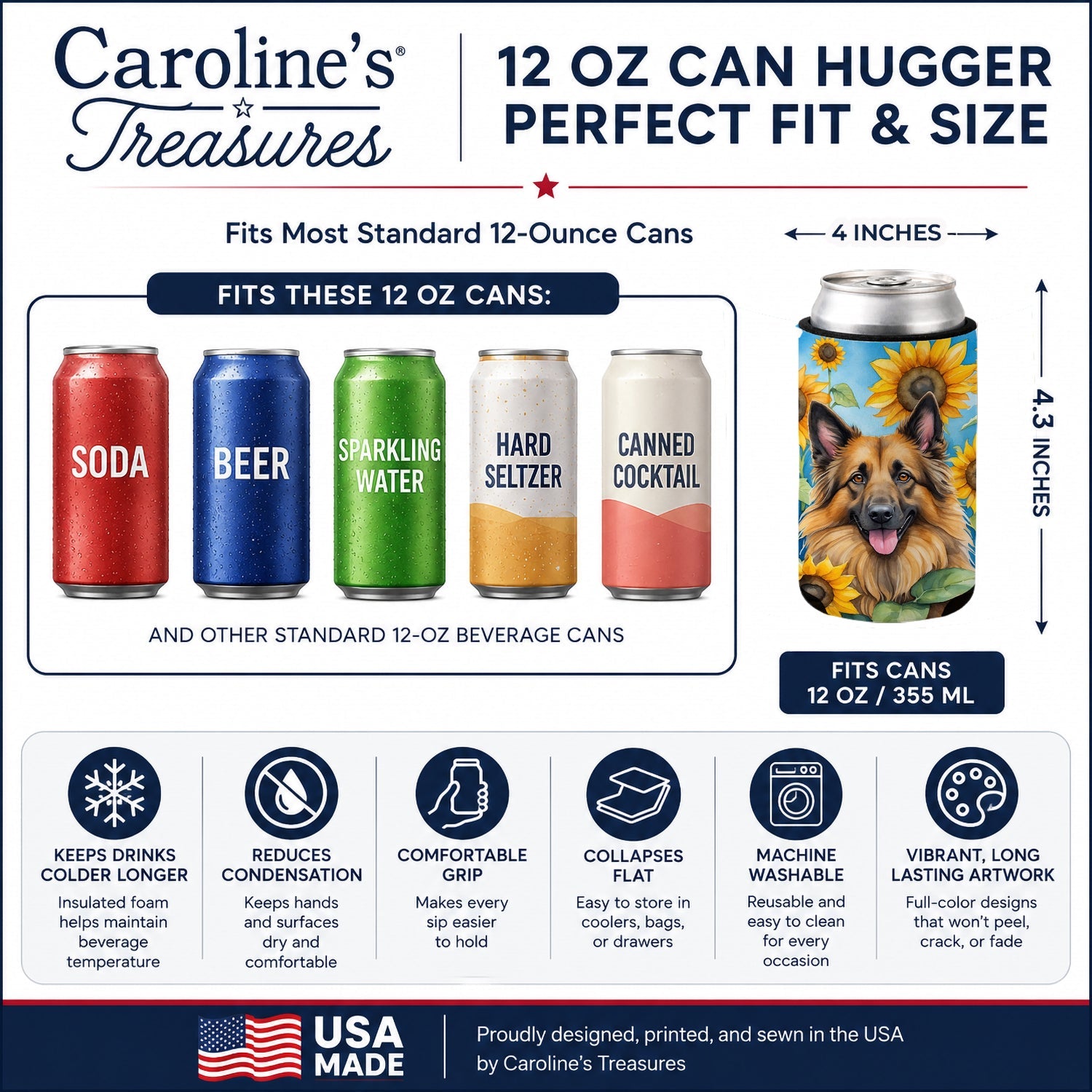 Belgian Tervuren in Sunflowers Can or Bottle Hugger Cooler Sleeve for Standard 12 oz Cans, Insulated Foam Beer & Soda Can Hugger Reusable