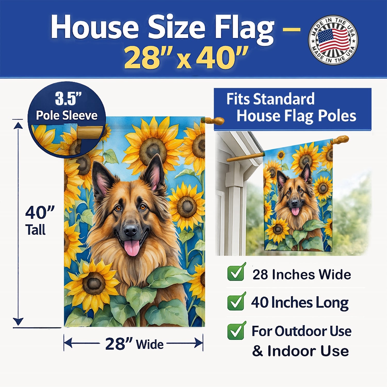 Belgian Tervuren in Sunflowers House Flag 28x40 Porch Sleeve Pole Decorative Outside Yard Banner Artwork Wall Hanging, Polyester