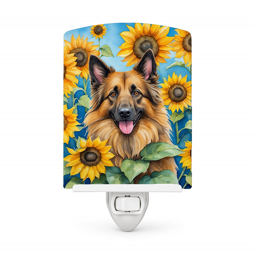 Belgian Tervuren in Sunflowers Ceramic Night Light Compact, UL-Certified, Ideal for Bedroom, Bathroom, Nursery, Hallway, Kitchen, 6x4x3, Multicolor