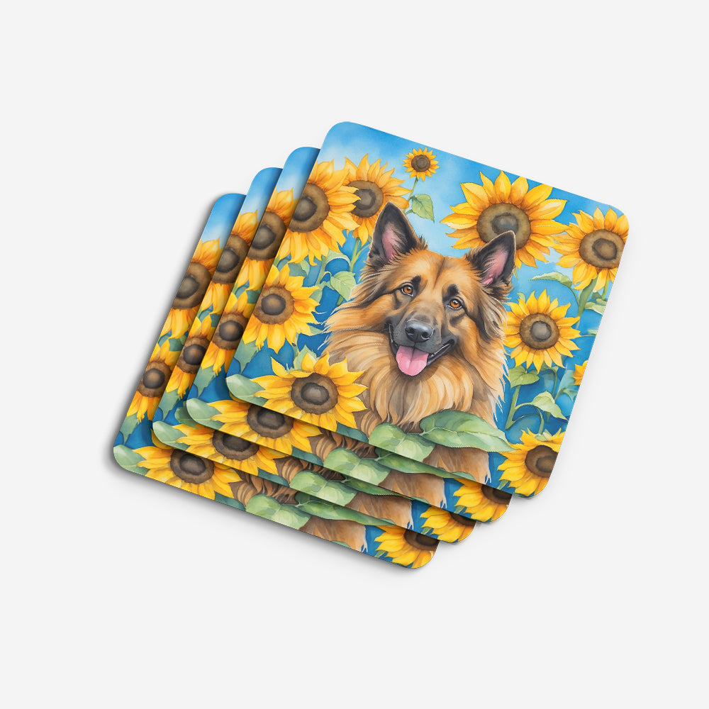 Belgian Tervuren in Sunflowers Foam Coasters Set of 4 Cup Coasters for Indoor Outdoor, Tabletop Protection, Anti Slip, Mouse pad Material
