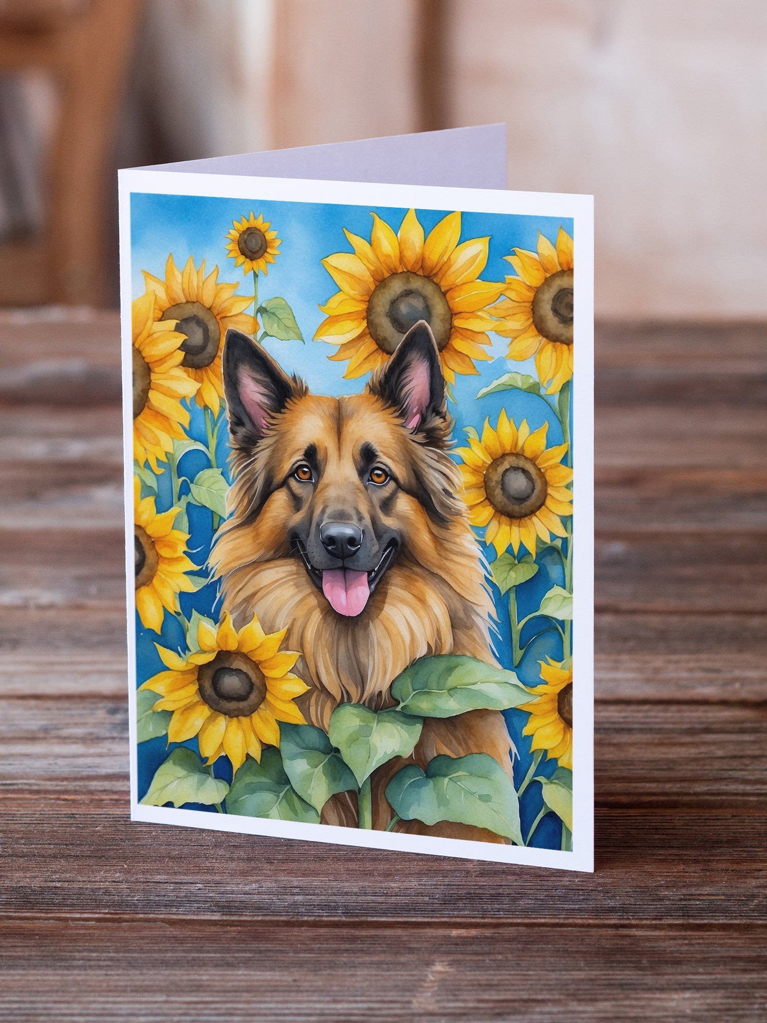 Belgian Tervuren in Sunflowers Greeting Cards Pack of 8 Blank Cards with Envelopes Whimsical A7 Size 5x7