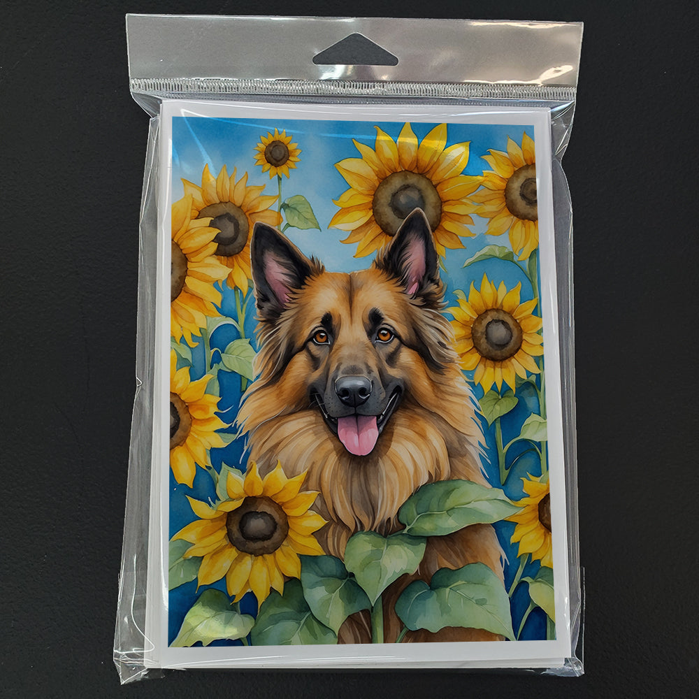 Belgian Tervuren in Sunflowers Greeting Cards Pack of 8 Blank Cards with Envelopes Whimsical A7 Size 5x7