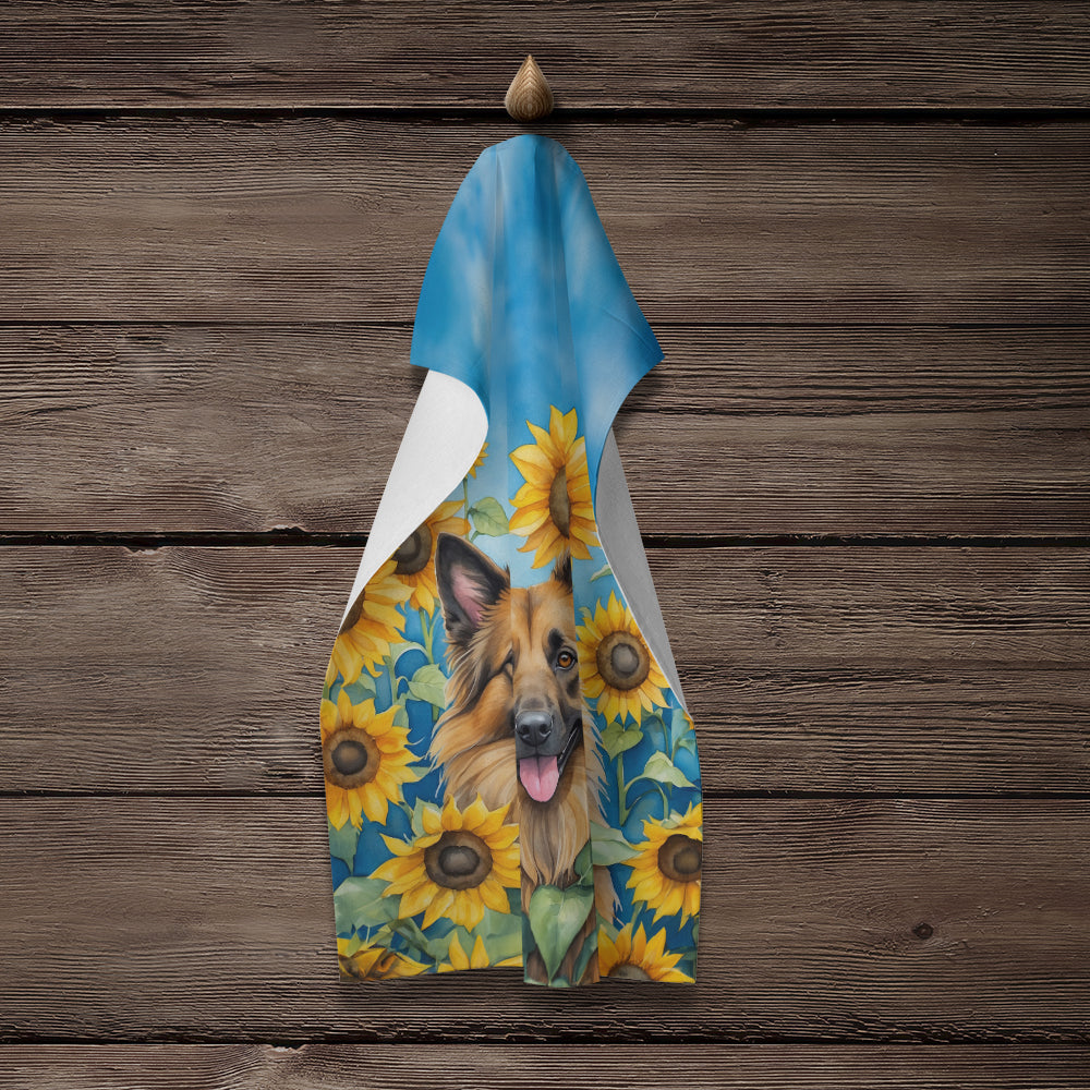 Belgian Tervuren in Sunflowers Kitchen Towel Velour Plush Front and Cotton Loop Back Machine Washable