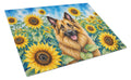 Belgian Tervuren in Sunflowers Cutting Board Tempered Glass Kitchen Cutting Surface, Heat Resistant Chopping Board with Non-Slip Feet, Decorative Food Prep & Serving