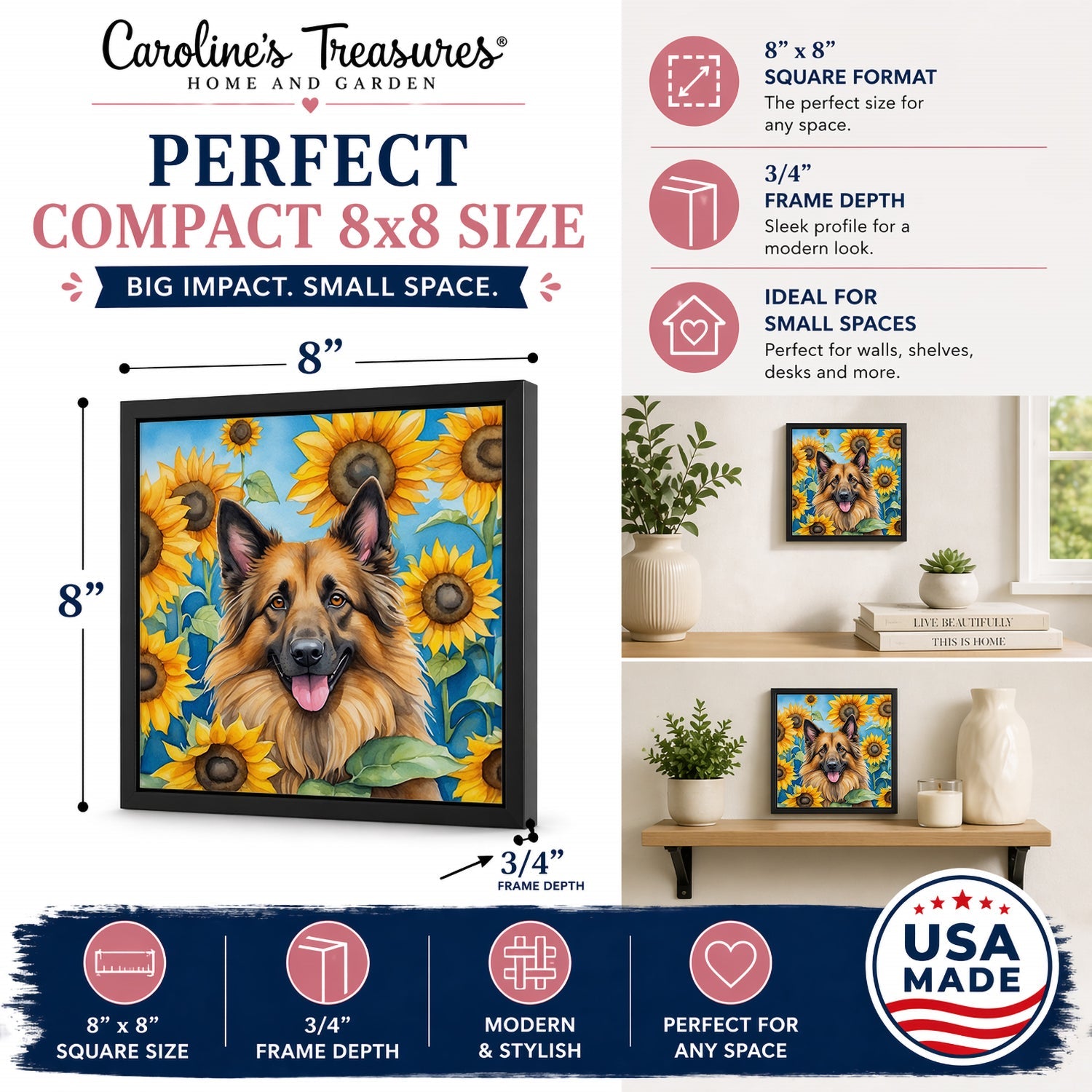 Belgian Tervuren in Sunflowers Framed Metal Print Bathroom, Kitchen, Office, Home Decor Wall Art Ready to Hang, Square, 8X8