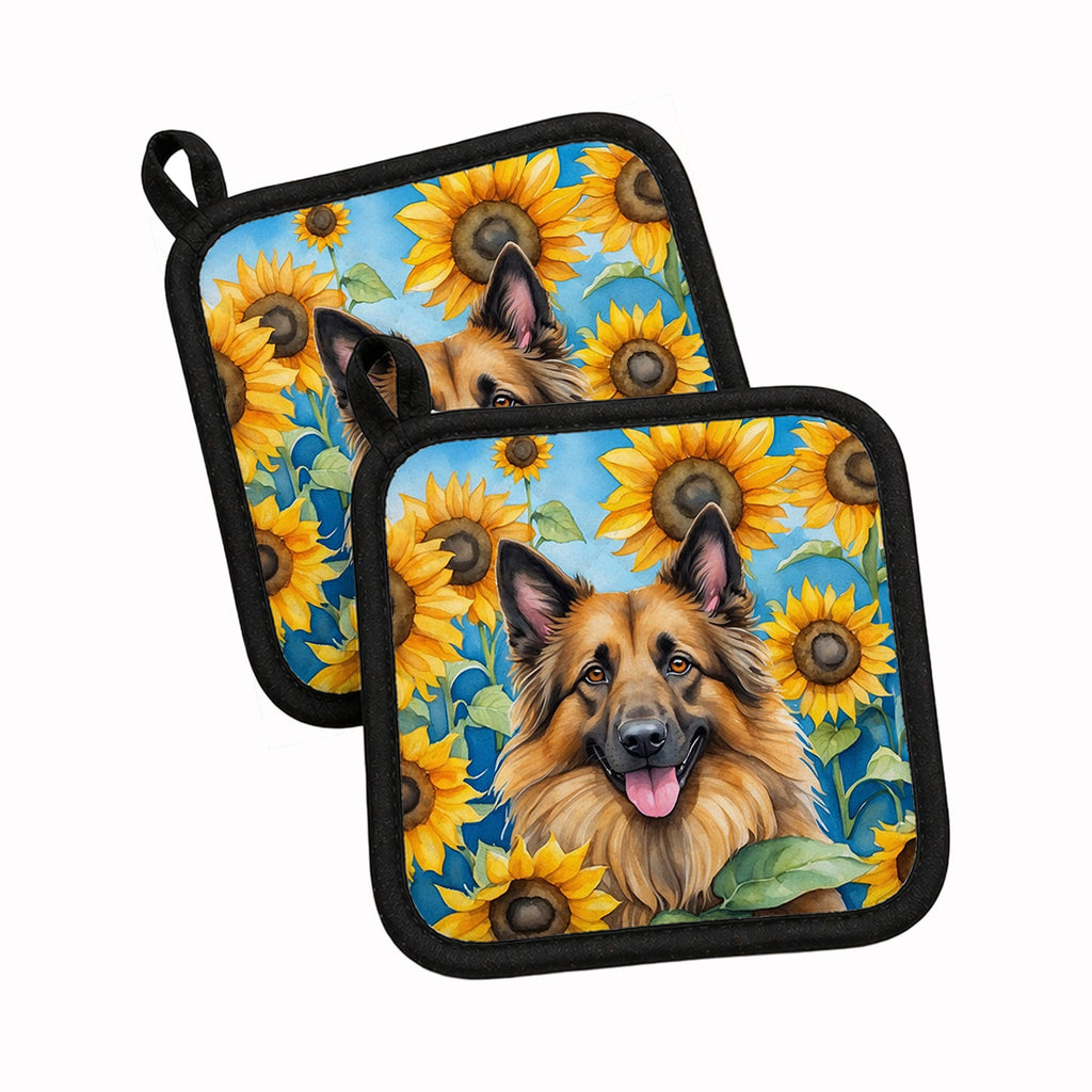 Belgian Tervuren in Sunflowers Pot Holder Set of 2 Heat Resistant Quilted Hot Pads 7.5 x 7.5 Inch, Insulated Kitchen Trivets for Cooking & Baking