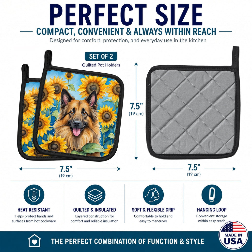 Belgian Tervuren in Sunflowers Pot Holder Set of 2 Heat Resistant Quilted Hot Pads 7.5 x 7.5 Inch, Insulated Kitchen Trivets for Cooking & Baking