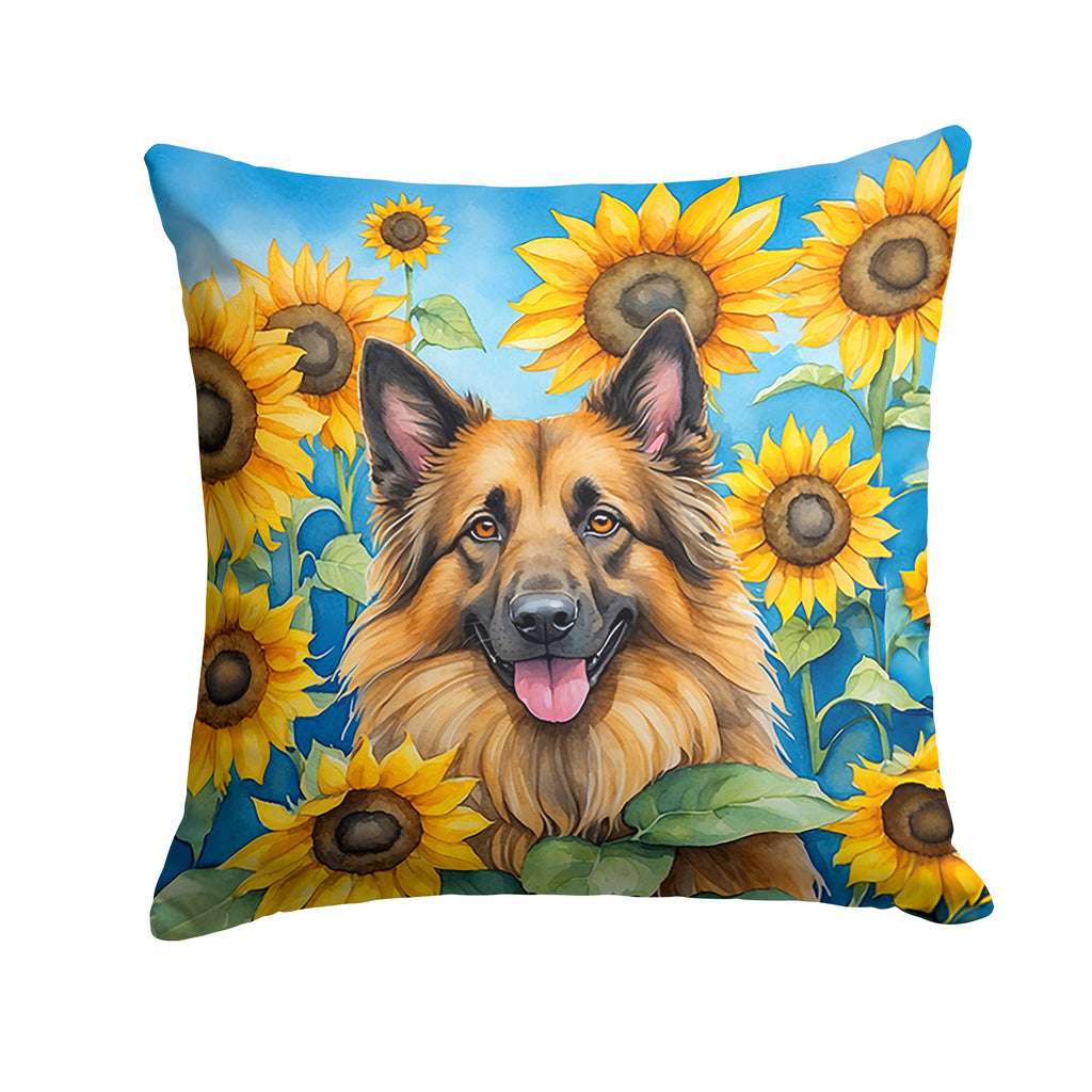 Belgian Tervuren in Sunflowers Decorative Throw Pillow 14x14 Indoor Outdoor Accent Cushion, Fabric Cover with Insert for Sofa, Bed, Porch & Living Room