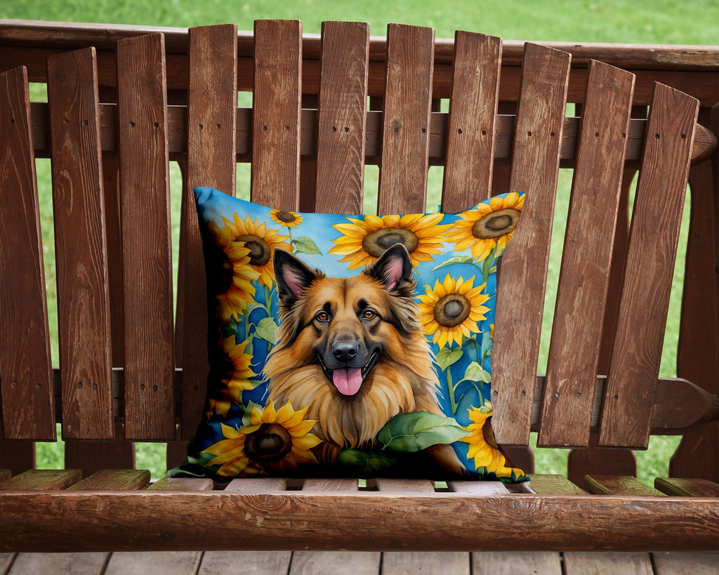 Belgian Tervuren in Sunflowers Decorative Throw Pillow 14x14 Indoor Outdoor Accent Cushion, Fabric Cover with Insert for Sofa, Bed, Porch & Living Room