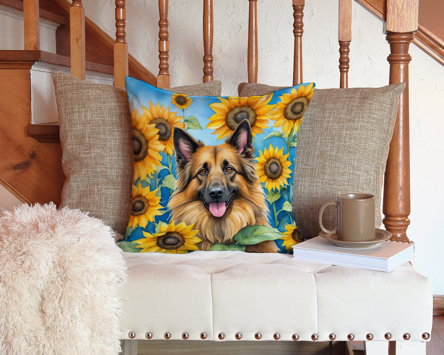 Belgian Tervuren in Sunflowers Decorative Throw Pillow 14x14 Indoor Outdoor Accent Cushion, Fabric Cover with Insert for Sofa, Bed, Porch & Living Room