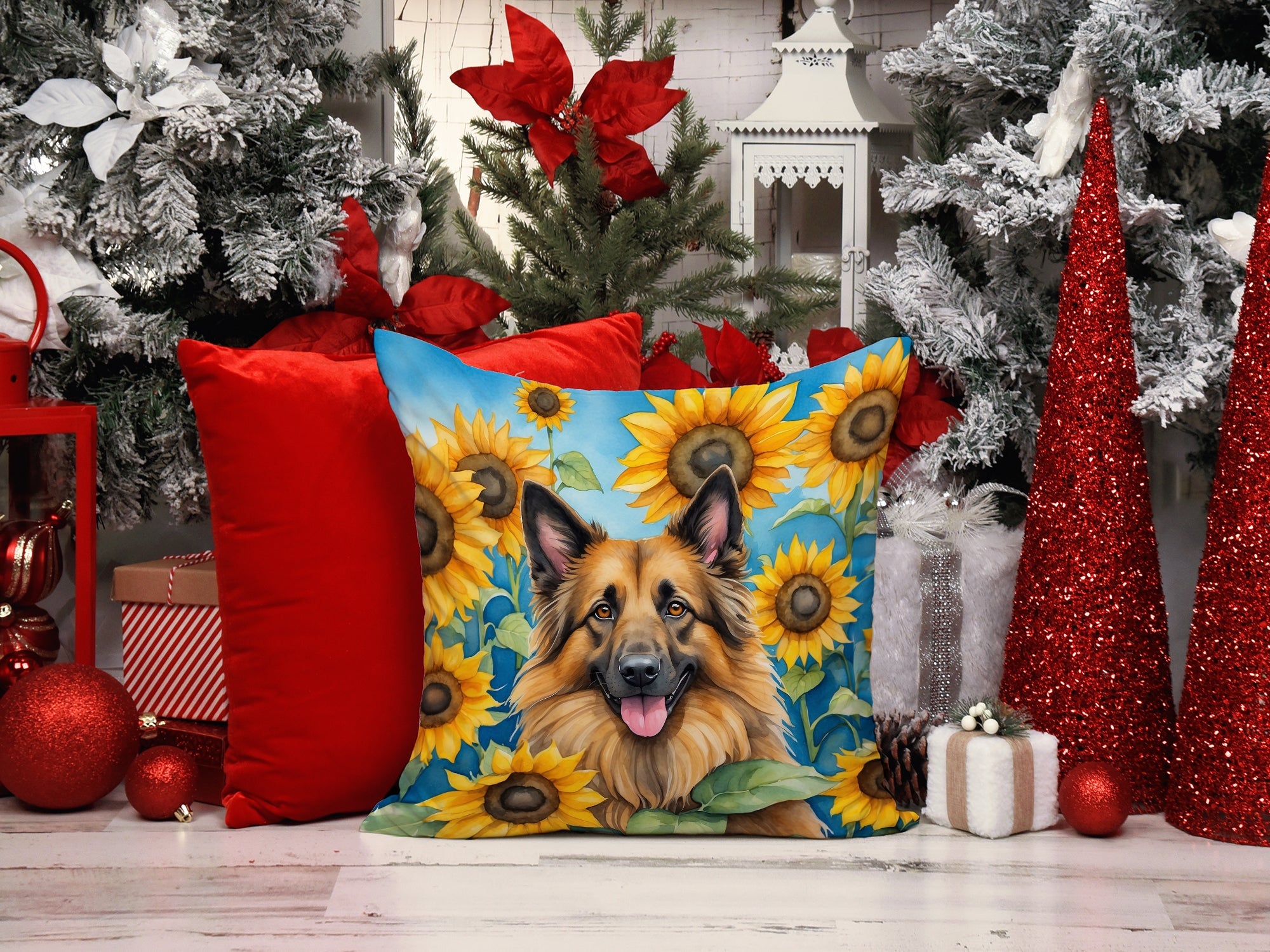 Belgian Tervuren in Sunflowers Decorative Throw Pillow 14x14 Indoor Outdoor Accent Cushion, Fabric Cover with Insert for Sofa, Bed, Porch & Living Room