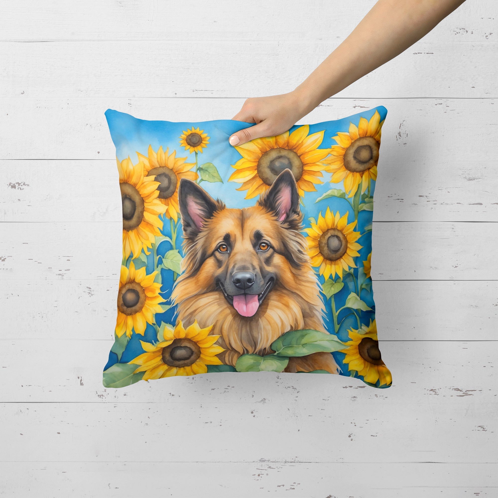 Belgian Tervuren in Sunflowers Decorative Throw Pillow 18x18 Indoor Outdoor Accent Cushion, Fabric Cover with Insert for Sofa, Bed, Porch & Living Room