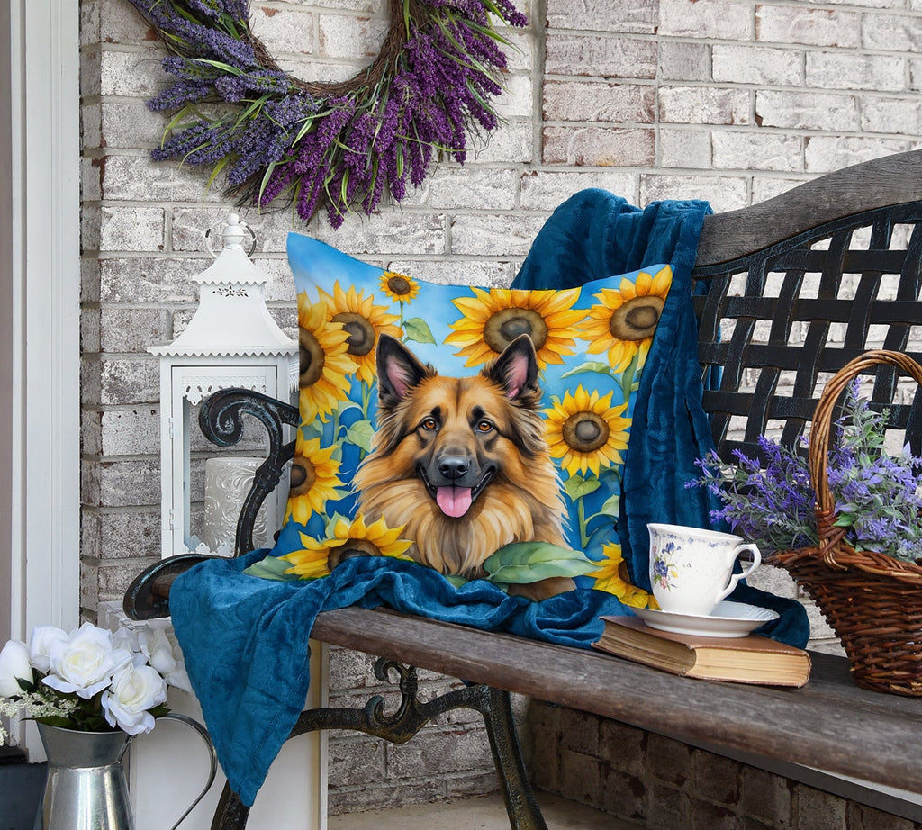 Belgian Tervuren in Sunflowers Decorative Throw Pillow 18x18 Indoor Outdoor Accent Cushion, Fabric Cover with Insert for Sofa, Bed, Porch & Living Room
