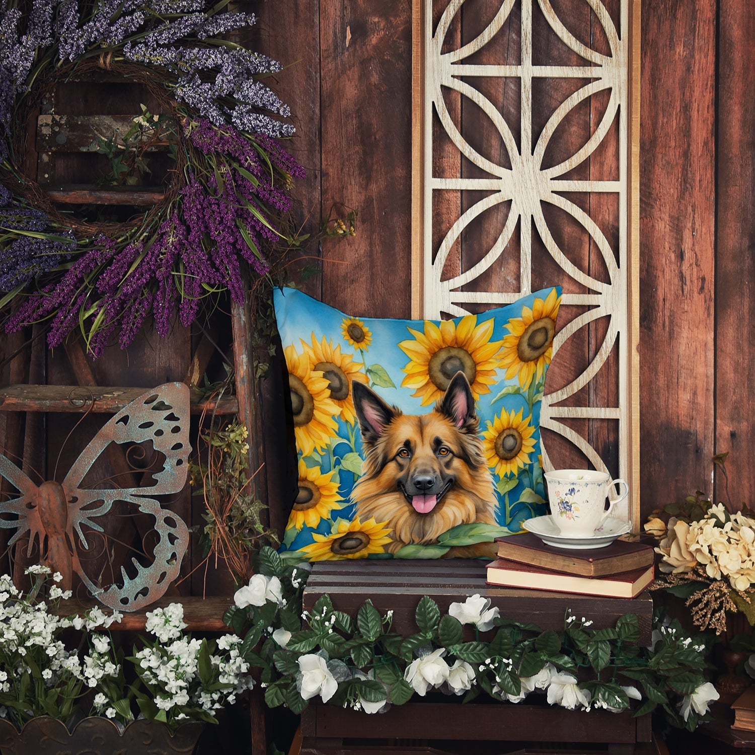 Belgian Tervuren in Sunflowers Decorative Throw Pillow 18x18 Indoor Outdoor Accent Cushion, Fabric Cover with Insert for Sofa, Bed, Porch & Living Room