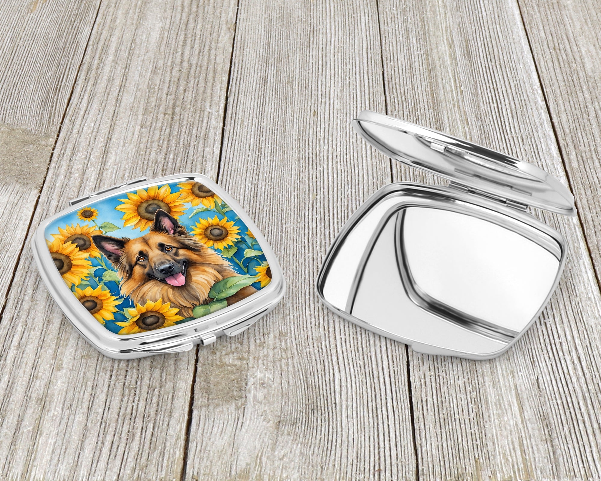 Belgian Tervuren in Sunflowers Compact Mirror Decorative Travel Makeup Mirror for Women Girls Gifts Pocket Makeup Mirror Folding Handheld
