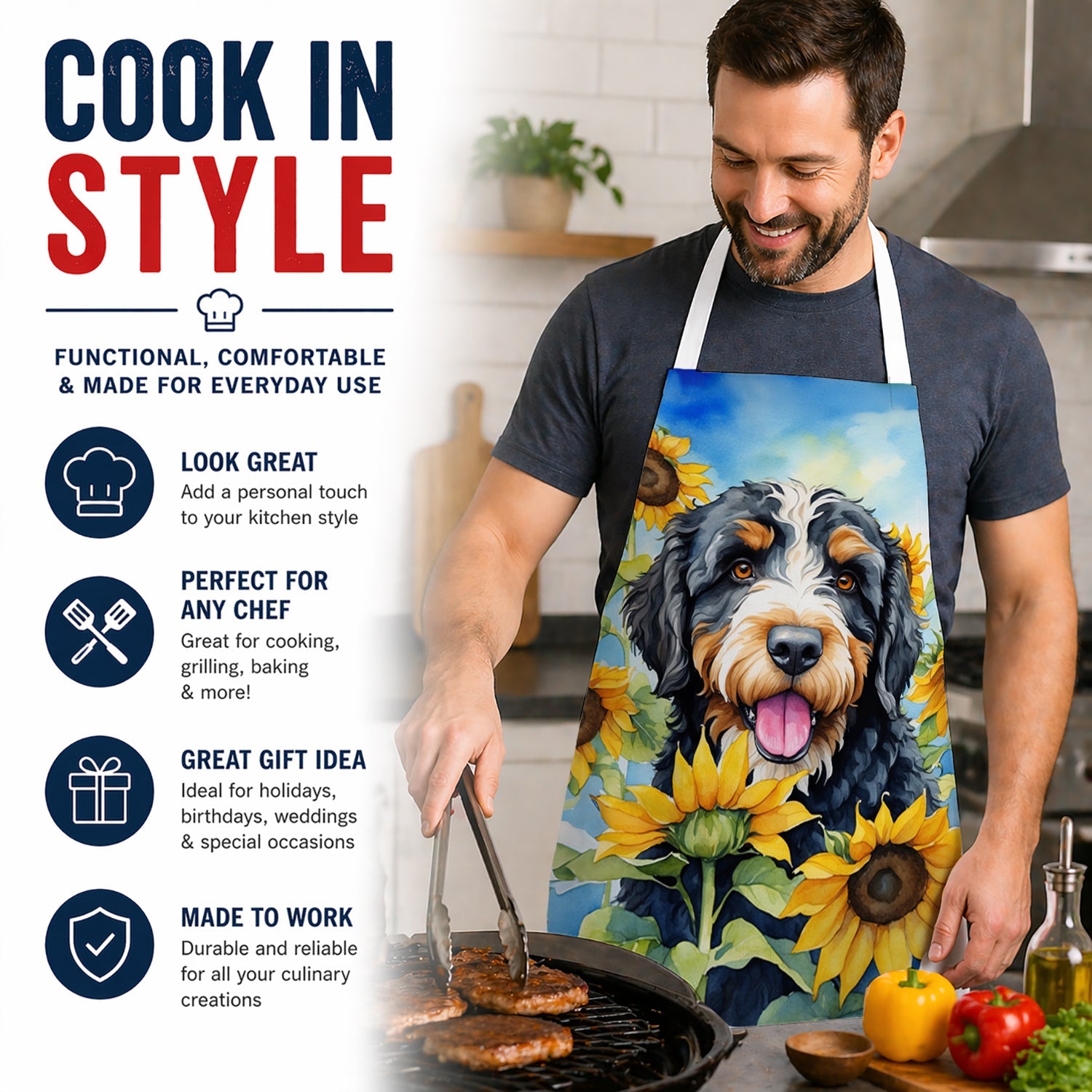 Bernedoodle in Sunflowers Apron Cooking Kitchen Server Baking Crafts Gardening for Adult Women Men, Unisex, Large, Multicolor